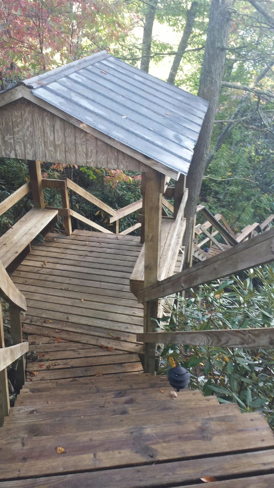 Metal roofed shelter over wooden steps on a wooded walkway — Skylight Repair & Installation work by our crew in Rockford